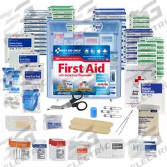 FIRST AID ONLY First Aid Kit and Housing: Gen Purpose, 50 People Served, 370 Components, Plastic (MPN 91407). Key specifications — Adhesive Bandages Included: (110) Bandages; Application: General Purpose; Brand: FIRST AID ONLY; Housing Color: Blue; Housing Material: Plastic; Includes Oral or Inhalant Medication: No Medication Included; Mountable: Wall Mount; Oral and Inhalant Medicinals Included: No Oral/Inhalant Medicinals.