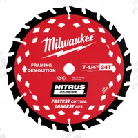 MILWAUKEE Circular Saw Blade: 7 1/4 in Blade Dia., 24 Teeth, 0.08 in Cut Wd, Framing, Carbide, 10 PK (MPN 48-41-0750). Key specifications — attr1116119: MILWAUKEE; attr1145631: Wood with Nails.
