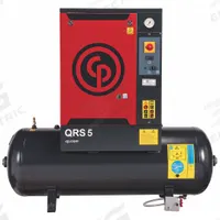 CHICAGO PNEUMATIC Rotary Screw Air Compressor: Horizontal, 5 hp, 16.6 cfm, 60 gal Tank, Three Phase (MPN QRS 5 HP). Key specifications — attr48606: Three; attr48593: 460V AC; attr48578: CHICAGO PNEUMATIC; attr110305: Not Included.