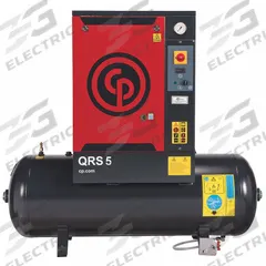CHICAGO PNEUMATIC Rotary Screw Air Compressor: Horizontal, 5 hp, 16.6 cfm, 60 gal Tank, Three Phase (MPN QRS 5 HP). Key specifications — attr48606: Three; attr48593: 460V AC; attr48578: CHICAGO PNEUMATIC; attr110305: Not Included.