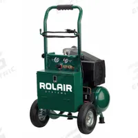 ROLAIR Portable Air Compressor: Oil Lubricated, 3.2 gal, Hot Dog, 2 hp, 4.2 cfm @ 90 psi, 120V AC (MPN VT20TB). Key specifications — attr48686: Oil Lubricated; attr48685: 120V AC; attr48689: 5.50 cfm; attr48678: 12.5 A; attr48688: Gauge; attr48671: ROLAIR; attr124308: Standard (75 dBA or more).