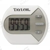 TAYLOR Digital Timer: Clip/Magnet Stand, 1 in x 5 7/8 in x 4 1/2 in, 1 in Overall Dp, LCD, Audible (MPN 5806). Key specifications — Clock Function Included: No; Count Direction: Count Up; Features: Magnet Stand; Digital Display Screen Type: LCD; Alarm Type: Audible; Brand: TAYLOR; Maximum Time Setting: 99 minutes.