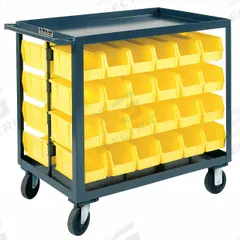 DURHAM MFG Bin Cart: 1,200 lb, 48 Bins/Tubs, 2 Shelves, Gray, 42 1/2 in L x 24 1/2 in W x 38 in H (MPN RSC-2436-BLP-48-230-95). Key specifications — Color: Gray; Caster/Wheel Configuration: (2) Swivel; Bin Color: Yellow; Brand: DURHAM MFG.