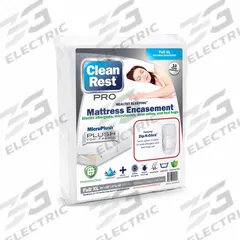 CLEANREST Mattress/Box Spring Protector: Full XL, 80 in Overall Lg, 54 in Overall Wd, White, 3.39 oz (MPN 845168001717). Key specifications — Brand: CLEANREST; Cover Material: Polyurethane; Mattress Pad Material: Polyester Blend; Fabric Weight/Thread Count: 3.39 oz; Compatible Bed Height: 18 in.