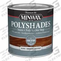 MINWAX Wood Stain: Wood Stain and Sealer, Interior, Oil, 0.5 pt Container Size, Wood, Gloss, 1 Step (MPN 214754444). Key specifications — Brand: MINWAX; Transparency: Semi-Transparent; Use Location: Interior; Sheen: Gloss; Sub-Brand: PolyShades; Color: American Chestnut.