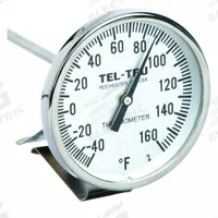 TEL-TRU Laboratory Dial Thermometer: -40°F to 160°F, +/- 1% Accuracy, 8 in Stem Lg, Fahrenheit (MPN LT225R-8/23100853). Key specifications — Accuracy: +/- 1%; Brand: TEL-TRU; Temperature Units: Fahrenheit.