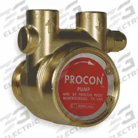 PROCON Rotary Vane Pump: Direct Drive, Low-Lead Brass Body, 1/2" NPT, 190 gph Max. Flow, 1/2 in SS (MPN 114B190F11BA 250). Key specifications — Vane Material: Carbon; NSF 169 Listed: Yes; Relief Valve Type Included: Standard; Brand: PROCON; Strainer: Not Included; Ports: 1/2" NPT; Relief Valve Type: Standard.
