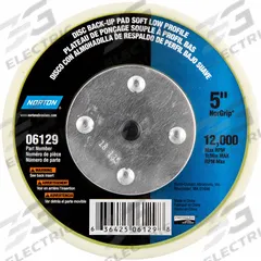 NORTON Low Profile Hook-and-Loop Disc Backup Pad: 5 in Dia, 5/16"-24 Threaded-Shank, Non-Vacuum, Sft (MPN 63642506129). Key specifications — Brand: NORTON; Tool Connection: 5/16"-24 Threaded-Shank.