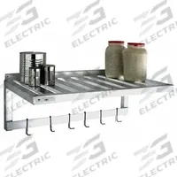 NEW AGE INDUSTRIAL T-Bar Wall Shelf/Pot Rack: 36 in x 20 in x 13 in, 36 in x 20 in, Aluminum (MPN 1121PR). Key specifications — Material: Aluminum; Standards: NSF; Finish: Unfinished; Includes: Mounting Posts; Brand: NEW AGE INDUSTRIAL.