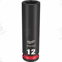 MILWAUKEE Deep Impact Socket: 3/8 in Drive Size, Metric, 12 mm Socket Size, 6-Point, Deep, Friction (MPN 49-66-6154). Key specifications — attr1215501: MILWAUKEE; attr1215515: Black Phosphate; attr1215518: 12 mm.