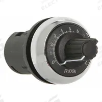 EATON Potentiometer: 22 mm Panel Mounting Size, 4,700 ohm Max Resist Rating, Metallic (Chrome) Bezel (MPN M22M-R4K7-RH). Key specifications — Manufacturer Part Number: M22M-R4K7-RH; Series: M22; Brand: EATON; Includes Dial Plate: Dial Plate Included; Knob Style: Oversized; Bezel Style: Metallic (Chrome).