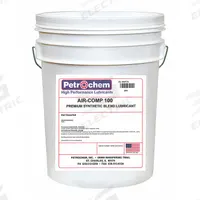 PETROCHEM Compressor Oil: 5 gal, Pail, 30 SAE Grade, 100 ISO Viscosity Grade, 97 Viscosity Index (MPN AIR-COMP 100-005). Key specifications — attr59744: 97; attr59746: 100; attr59736: No; attr59735: Pail; attr59738: Air-Comp Series; attr59749: 30.