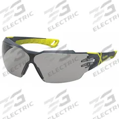 HEXARMOR Safety Glasses: Gray 23% Lens, Half-Frame, Anti-Fog/Hard Coat/TruShield®, Dielectric/Vented (MPN 11-13003-02). Key specifications — Brand: HEXARMOR; Frame Color: Charcoal/High-Visibility Yellow; Lens Color: Gray 23%; Lens Properties: Anti-Fog / Scratch-Resistant.