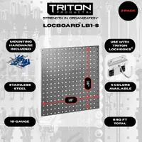 TRITON PRODUCTS Stationary Pegboard Panels: Square, 3/8 in Peg Hole Size, 24 in x 24 in x 9/16 in (MPN LB1-S). Key specifications — Material: Stainless Steel; Finish: Brushed; Peg Hole Shape: Square; Includes: Mounting Hardware; Color: Stainless Steel; Brand: TRITON PRODUCTS.