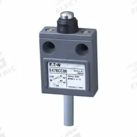 EATON Limit Switch: Plunger Actuator, Momentary, Metallic, Plunger, 63.5 ozf Op Force - Max, 0.07 in (MPN E47BCC06). Key specifications — Manufacturer Part Number: E47BCC06; Brand: EATON; Electrical Connection: Pre-Wired Cable; Action: Momentary; Series: E47; Body Material Type: Metallic; Actuator Type: Plunger.