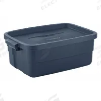 RUBBERMAID Storage Tote: 10 gal, 23 7/8 in x 15 7/8 in x 8 7/8 in, Dark Blue/Metallic Body, Blue (MPN RMRT100004). Key specifications — Material: Plastic; Edge/Corner Design: Rounded; Body Color: Dark Blue/Metallic; Lid Color: Dark Blue/Metallic; Brand: RUBBERMAID; NSF Certified: Not NSF Certified; Nestable: Nesting Capable.
