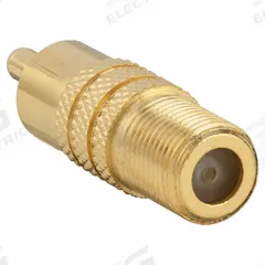 MONOPRICE Audio/Video Adapter: (1) RCA Male x (1) F-Type Female Adapter, Gold (MPN 4130). Key specifications — Product Type: Video Adapter; Manufacturer Part Number: 4130; Color: Gold; Brand: MONOPRICE; End 1 Connection Type: RCA Male; End 2 Connection Type: F-Type Female.