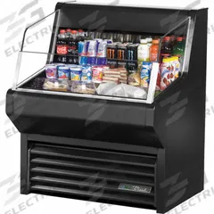TRUE REFRIGERATION Refrigerated Merchandiser: 43 3/8 in x 36 1/8 in x 30 1/8 in, Black, 3 Shelves (MPN THAC-36-HC-LD). Key specifications — attr1277723: TRUE REFRIGERATION; attr1277683: R-290; attr1277691: No; attr1277694: Black; attr1280716: Partial Glass Panel with Glass Sides; attr1280729: THAC.
