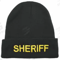HEROS PRIDE Sheriff Hat: Universal, Black with Gold Lettering, Acrylic Knit (MPN 6877). Key specifications — Color: Black with Gold Lettering; Size: Universal; Material: Acrylic Knit.