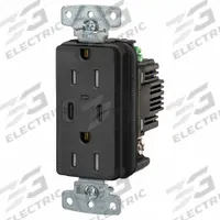 USB Receptacle: Duplex, 5-15R, 2 USB Ports, USB Type A/C, Black, 125V AC, 15 A (MPN USB15CPDBK). Key specifications — Brand: HUBBELL.