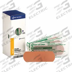 FIRST AID ONLY Adhesive Bandage: Strip Bandages, 1 in Wd, 3 in Lg, Not Metal Detectable, Plastic (MPN FAE-3002). Key specifications — Product Type: Strip Bandages; Unitized: Unitized; Water Resistance: Water Resistant; Brand: FIRST AID ONLY; Latex Content: Latex Free; Metal Detectable: Not Metal Detectable; Package Type: Box; Manufacturer Part Number: FAE-3002.