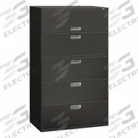 HON Lateral File Cabinet with Drawer: Charcoal, 5 Drawers, 64 1/4 in Overall Ht, 18 in Overall Dp (MPN H695.L.S). Key specifications — attr988670: Unfinished; attr988694: Steel; attr988716: Lateral File Cabinet with Drawer; attr988691: Integrated; attr988652: HON; attr988656: Charcoal; attr988720: Handle.
