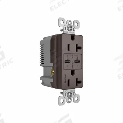 PASS & SEYMOUR Receptacle: Duplex, 5-15R, 2 USB Ports, USB Type C, Brown, 125V AC - Weather-Resistant Receptacles with USB Chargers
