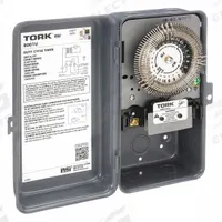 TORK Electromechanical Timer: 24 hr, 120/480V AC, SPDT, Mechanical (MPN 8001U). Key specifications — Body Material: Metal; Indoor/Outdoor Usage: Indoor; Mounting Style: Surface; Brand: TORK.