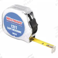 WESTWARD Tape Measure: Nonmagnetic Single Hook Tip, 12 ft, Chromed Plastic, Silver (MPN 1MKR4). Key specifications — attr935324: WESTWARD; attr942259: Silver; attr935328: 1/32 in (1st 12 in); attr935329: Inches; attr935337: SAE; attr936607: Manual Lock; attr972446: Inch; attr979969: Nonmagnetic Single Hook.