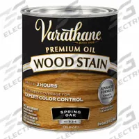 VARATHANE Wood Stain: Wood Stain, Interior, Oil, 1 qt Container Size, Wood, Satin, Spring Oak (MPN 211715H). Key specifications — Brand: VARATHANE; Transparency: Semi-Transparent; Use Location: Interior; Sheen: Satin; Sub-Brand: Varathane; Color: Spring Oak.