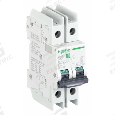SCHNEIDER Miniature Circuit Breaker: 6 A Amps, 14kA at 120/240V AC, Screw Clamp - C-Curve, 2-Pole UL489 DIN Rail-Mount Miniature Circuit Breakers