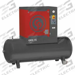 CHICAGO PNEUMATIC Rotary Screw Air Compressor: Horizontal, 15 hp, 49.2 cfm, 132 gal Tank (MPN QRS 15 HP). Key specifications — attr48606: Three; attr48593: 208 to 230V AC; attr48578: CHICAGO PNEUMATIC; attr110305: Not Included.