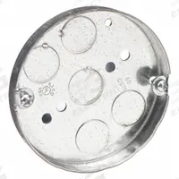RACO Electrical Box: Steel, Steel Material & Nominal Size, Round, 2 Gangs, 1/2 in Box Dp, 4 in Dia. (MPN 293). Key specifications — Brand: RACO; Bracket Style: Without Bracket; Clamp Style: Without Clamps.