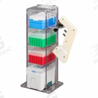 Lab Bench Vertical Organizer: 6 3/4 in Overall Wd, 16 in Overall Ht, 5 3/4 in Overall Lg, PETG (MPN 4VTORG-BRK). Key specifications — Material: PETG; Mounting Location: Benchtop; Color: Clear; Product Type: Lab Organizer; Total Holding Capacity: (4) Boxes of Tips; Brand: POLTEX.