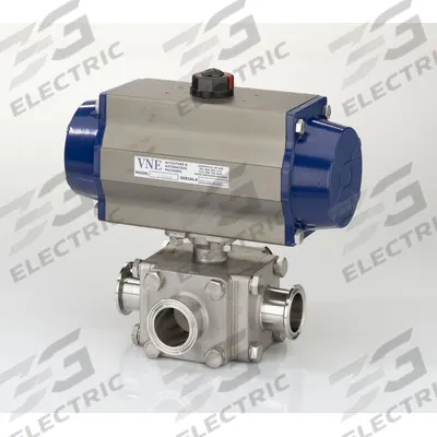 VNE Pneumatically Actuated Three-Way Ball Valve: 4 in, 316 Stainless Steel - 3-A Certified T-Port Brass Pneumatically-Actuated Ball Valves