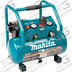 MAKITA Battery Powered Portable Air Compressor: Quiet, Oil-Less, 2 gal, Hot Dog, 1.2 cfm @ 90 psi (MPN AC001GZ). Key specifications — attr48686: Oil-Less; attr48685: 40V DC; attr48689: 1.2 cfm @ 90 psi; attr48671: MAKITA; attr124308: Quiet (less than 75 dBA).