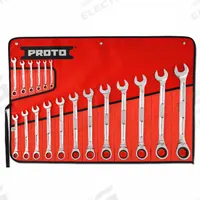 PROTO Combination Wrench Set: Alloy Steel, Chrome, 18 Tools, 1/4 in to 1 1/4 in Range of Head Sizes (MPN JSCV-18SB). Key specifications — attr309581: Chrome; attr309580: Alloy Steel; attr309571: Yes; attr309583: No; attr309587: Yes; attr324931: PROTO; attr309569: 1/4 in to 1-1/4 in; attr309572: Tool Roll.