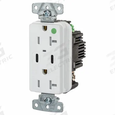 HUBBELL Receptacle: Duplex, 5-20R, 2 USB Ports, USB Type A/C, White, 125V AC - Hospital-Grade Receptacles with USB Chargers
