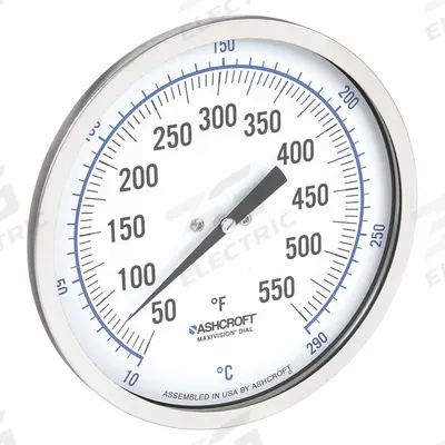 ASHCROFT Dial Thermometer: 50°F to 550°F /10°C to 290°C, ±1% Accuracy, 4 in Stem Lg - Back-Mount Fixed-Angle Thread-Mount Dial Thermometers