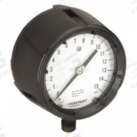 ASHCROFT Process Pressure Gauge: 0 psi to 15 psi, White, 4 1/2 in Dial, 1/2 in NPT Male, Bottom (MPN 451279AS04L15#). Key specifications — Brand: ASHCROFT; Pointer Color: Black; Accuracy: ±0.5%; Dial Color: White; Gauge Wetted Parts: Brass / Bronze; Case Material: Phenolic; Vibration Resistance Properties: None; Pressure Range: 0 psi to 15 psi.