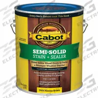 CABOT Wood Stain: Wood Stain and Sealer, Exterior, Oil, 1 gal Container Size, Wood, Flat, Semi-Solid (MPN 140.0017434.007). Key specifications — Brand: CABOT; Transparency: Semi-Solid; Use Location: Exterior; Sheen: Flat; Sub-Brand: Semi-Solid; Color: Mission Brown.