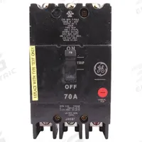 GE Molded Case Circuit Breaker: 70 A Amps, 18kA at 277/480V AC, Fixed, Lug, ABC (MPN TEYF370). Key specifications — Series: TEY; Max. AIR Rating: 18kA at 277/480V AC; Instantaneous Trip: Fixed; Terminal Connection: Lug; Phase Connection: ABC.