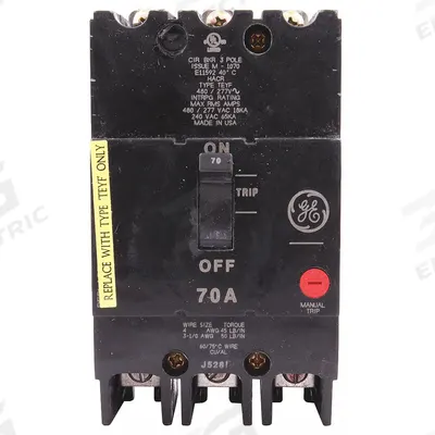 GE Molded Case Circuit Breaker: 70 A Amps, 18kA at 277/480V AC, Fixed, Lug - TEY-Frame GE Molded Case Circuit Breakers