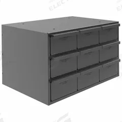 DURHAM MFG Drawer Bin Cabinet: 17 1/4 in x 12 1/4 in x 11 in, 9 Drawers, Stackable, Steel, Gray (MPN 004-95). Key specifications — Cabinet Material: Steel; Includes Dividers: Yes; Cabinet Finish: Powder Coated; Drawer Color: Gray; Cabinet Style: Drawer; Assembled: Assembled; Drawer Inside WxDxH: (9) 5-15/32 in x 11-1/4 in x 3-3/16 in; Cabinet Color: Gray.