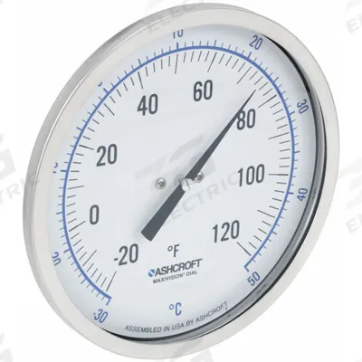 ASHCROFT Dial Thermometer: -20°F to 120°F /-30°C to 50°C, ±1% Accuracy - Back-Mount Fixed-Angle Thread-Mount Dial Thermometers