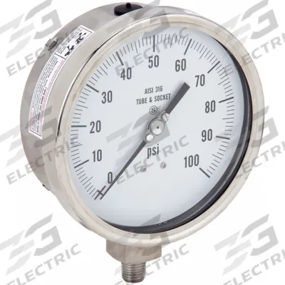 PIC GAUGES Industrial Pressure Gauge: 0 psi to 100 psi, White, 4 1/2 in Dial - All-Stainless Steel Wetted Parts & Casing
