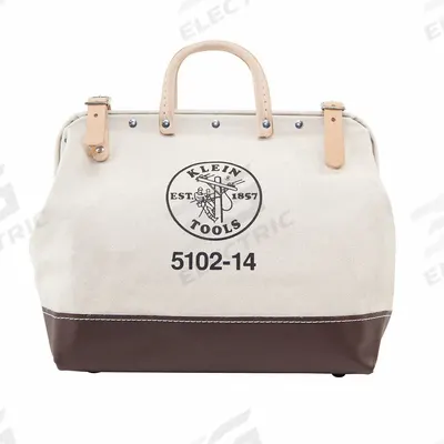 KLEIN TOOLS Tool Bag: 14 in W x 6 in D x 12 in H, Brown, Canvas, 1 Pockets, 1 Inside Pockets - Canvas Wide-Mouth Tool Bags