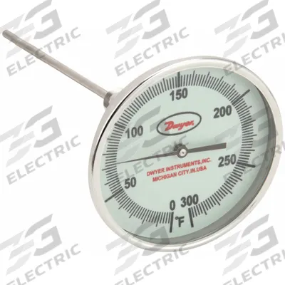 Dwyer Glow-in-the-Dark Dial Thermometer: 0°F to 300°F, +/- 1% Accuracy, 5 in Dial Dia - Adjustable-Angle Glow-in-the-Dark Thread-Mount Dial Thermometers