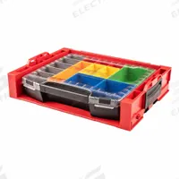 TEKTON Lidded Drawer: 17 1/2 in W 13 1/2 in D 4 in H, Plastic, Blue/Gray/Green/Orange/Red/Yellow (MPN OLB94020). Key specifications — attr1116905: Orange; attr1116917: Hinged; attr1116946: TEKTON.