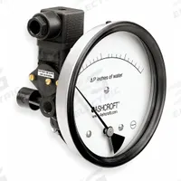 ASHCROFT Differential Pressure Gauge & Switch: Dual In-Line or Back, 1/8 in NPT Female, 1134, IP65 (MPN 451134EDRQMXV5CYLM25IWD). Key specifications — Sensor Type: Diaphragm; Series: 1134; Housing Material: Glass Filled Nylon; Certificate of Calibration: Not Included; Gauge Accuracy: ±3%.